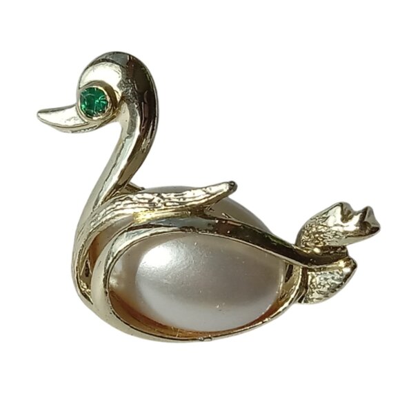 Rare Vintage Jelly Belly Swan Brooch Pin Green Gem Eye - Picture 7 of 12